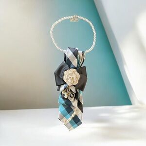 Pearl-Accent Blue Plaid Ribbon Necklace with Floral Charm